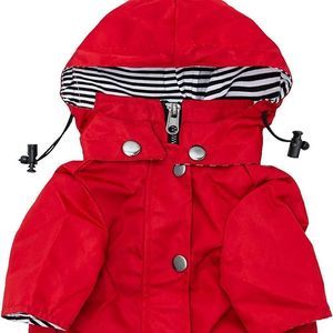 Red Zip Up Dog Raincoat Adjustable Drawstring, Removable Hoodie